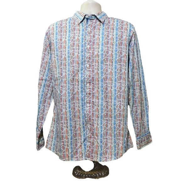 Cremieux Other - Cremieux Shirt L Blue Red Tan Stripes Abstract Long Sleeve 100% Cotton